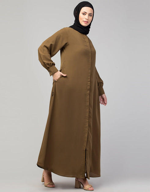 Modern Daily wear abaya with front opening and hidden placket in Color Gold